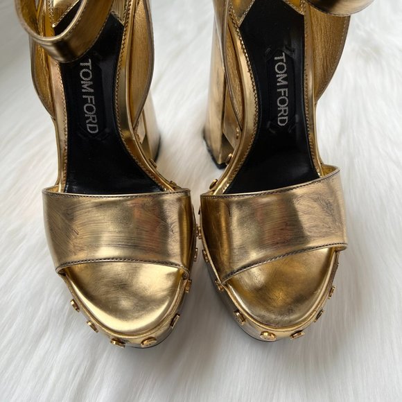 Tom Ford Women's Gold Metallic Ankle-Wrap Plataform Sandal Size 38.5 - Picture 6 of 11